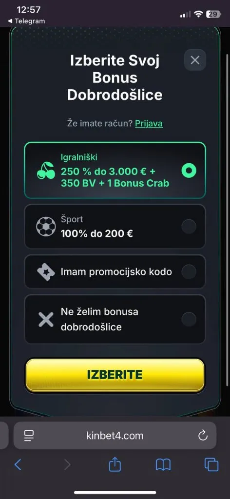 Kinbet mobilni posnetek 2